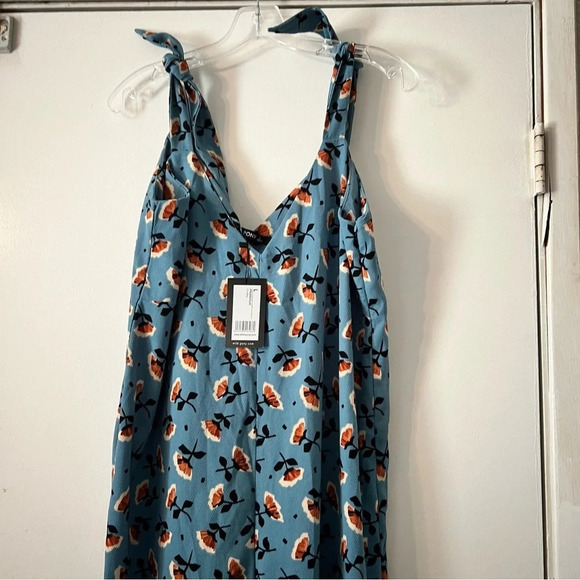 Modcloth Wild Pony Floral Jumpsuit Shoulder Tie Blue Straight Wide Leg Black L - Picture 5 of 5